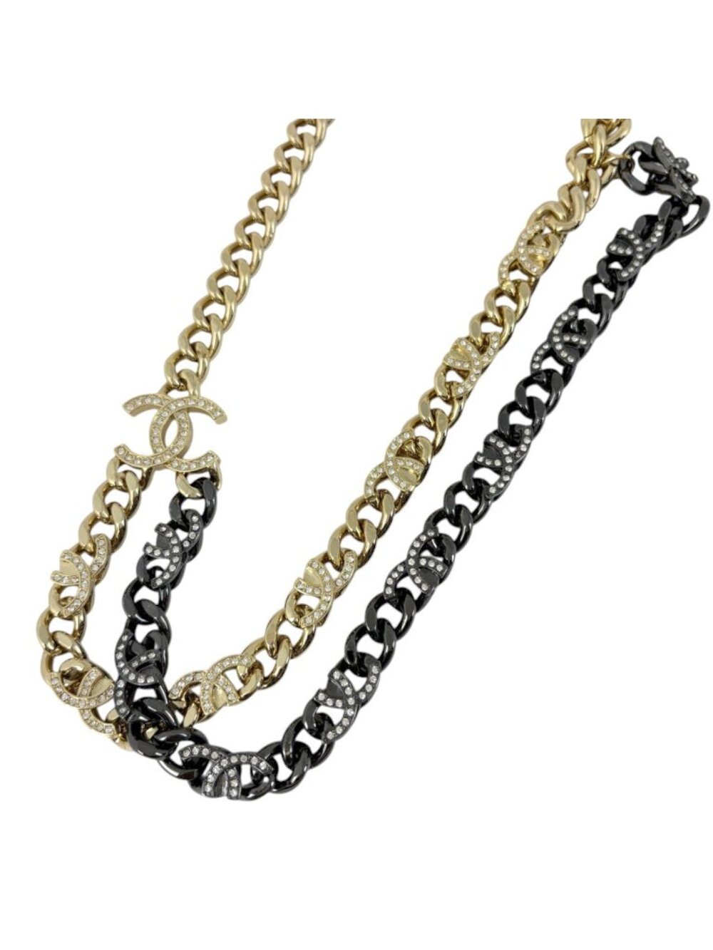 Chanel Necklace CC Logo Chain Rhinestone Gold Black